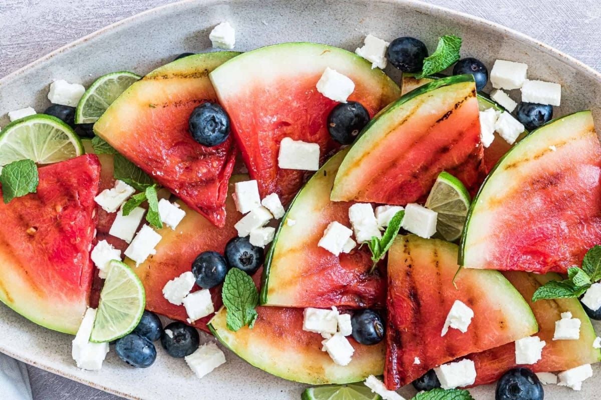 Potluck sides: Watermelon and blueberry salad with feta cheese.