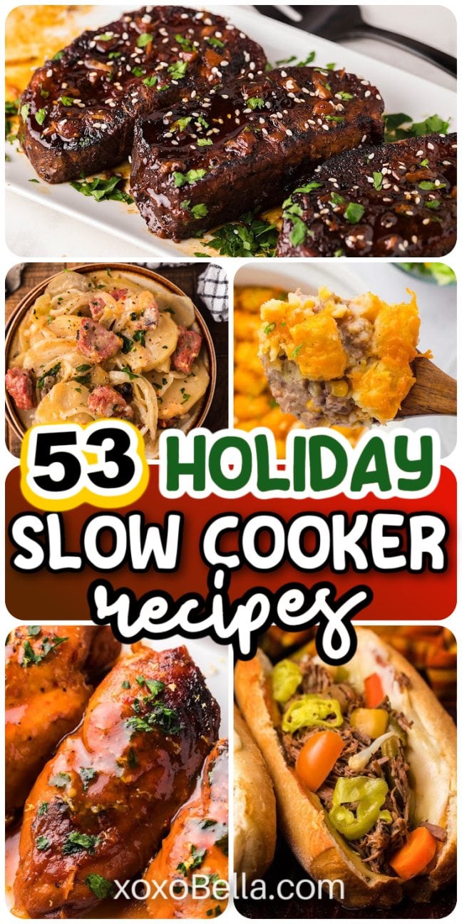 A collage of delicious holiday slow cooker recipes.