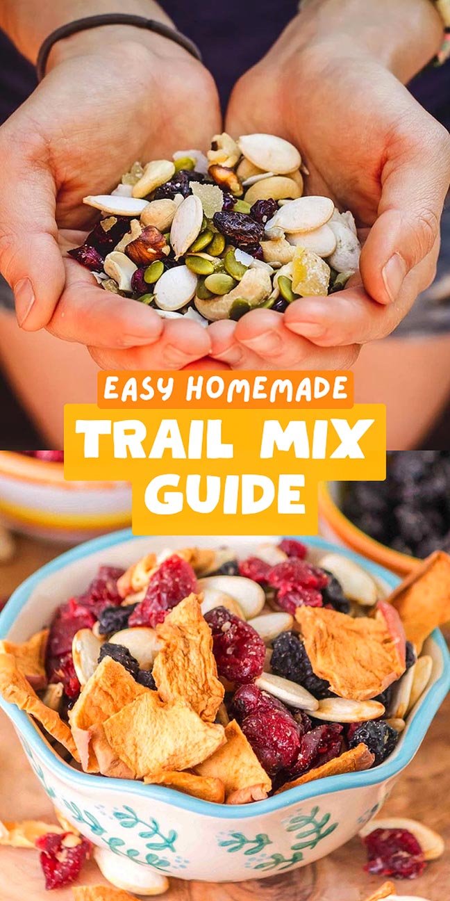 Hands holding trail mix above a bowl filled with dried fruit and nuts with text “Easy Homemade Trail Mix Guide.”.