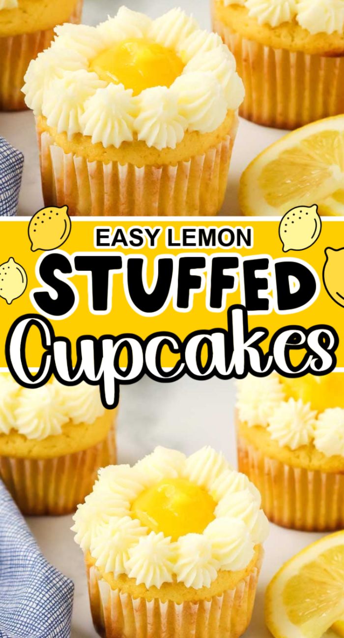 Lemon stuffed cupcakes with creamy frosting and tangy lemon filling, surrounded by fresh lemon slices and a blue napkin.