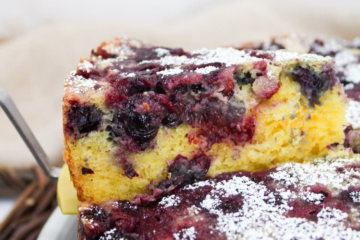Close-up of a slice of berry cake with powdered sugar on top, reminiscent of classic upside down cakes.