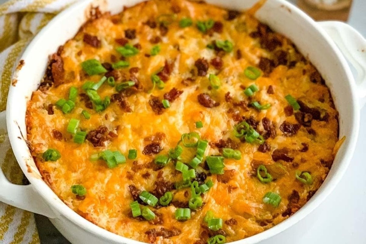 A spring casserole dish filled with cheese and bacon.