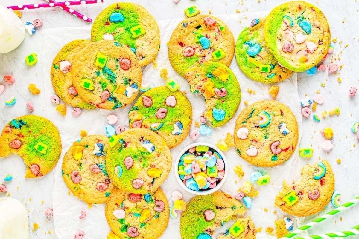 St. Patrick's Day cookies with Lucky Charms and rainbow sprinkles.