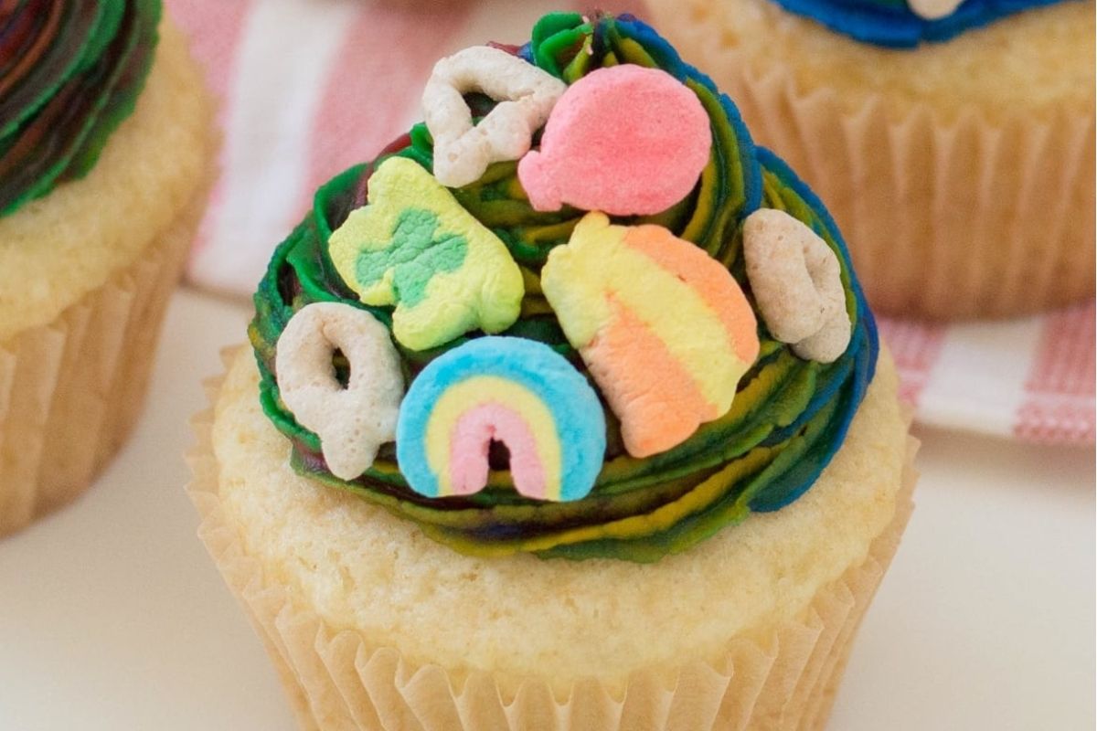 St. Patrick's Day cupcakes with rainbow sprinkles and Lucky Charms recipes.