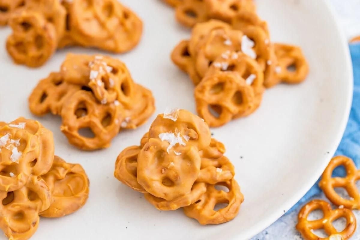 Plate of chocolate-covered pretzels sprinkled with sea salt, perfect for cookie recipes.