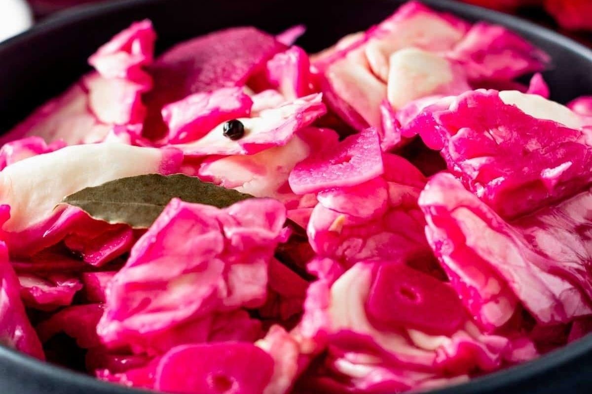 A bowl of pickled red cabbage from our collection of pickled recipes.