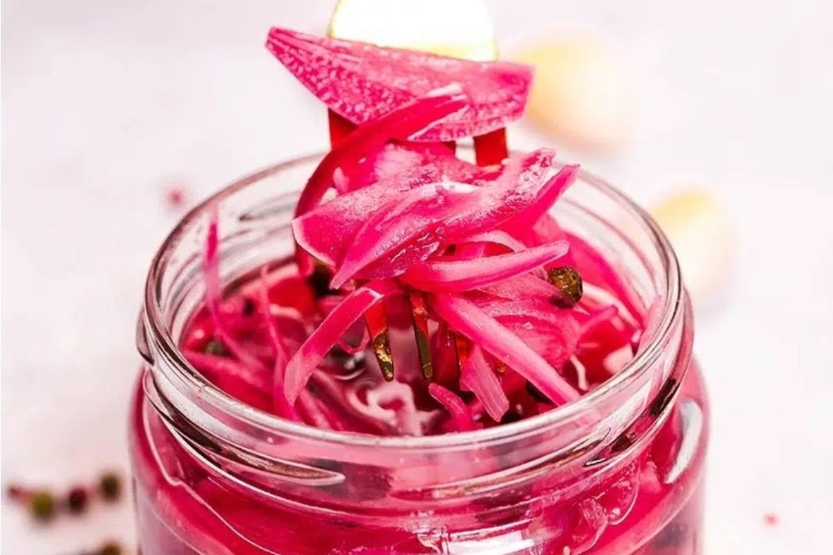 Jar of pickled red onions recipes.
