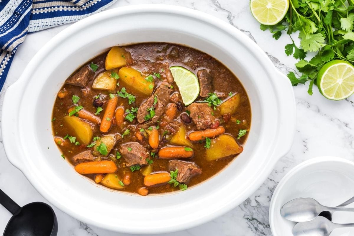 A bowl of soup with meat and vegetables from slow cooker recipes.