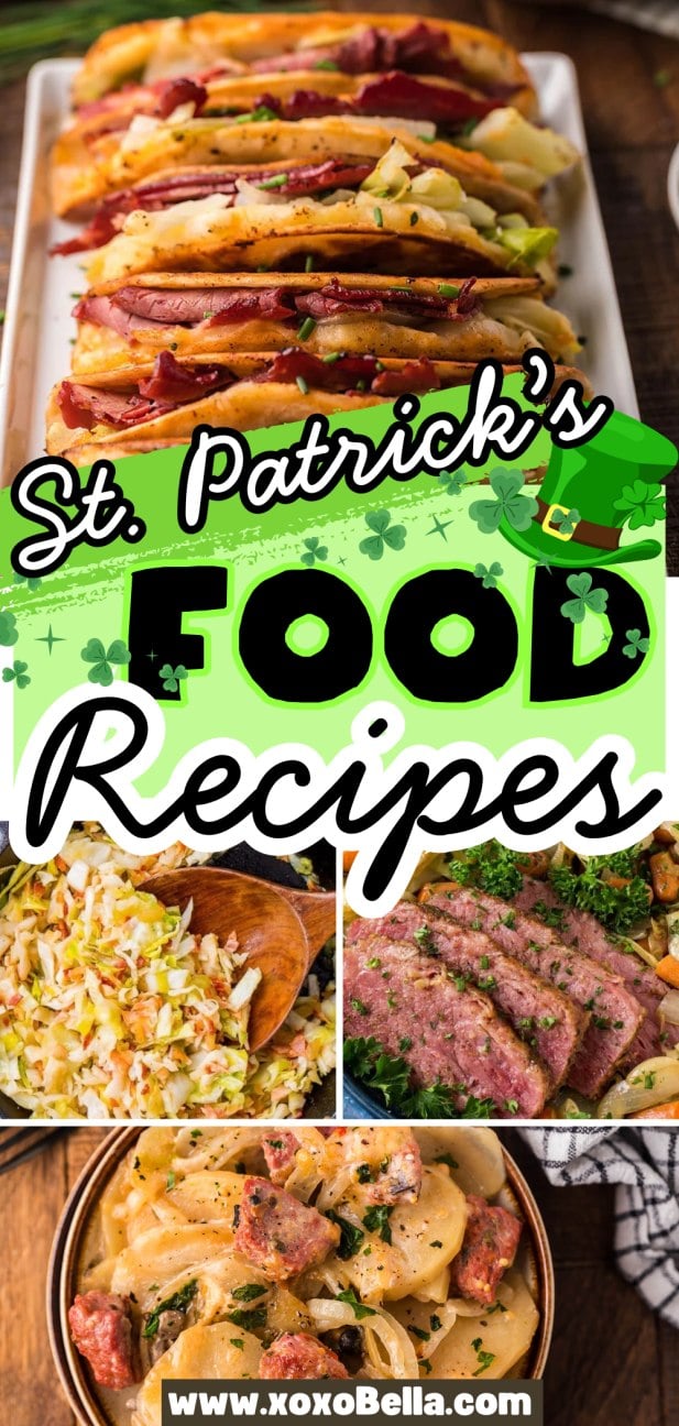 Collage of St. Patrick’s Day food recipes, featuring festive tacos, salad, meat, and a creamy potato dish—perfect for celebrating with classic St Patrick's Day food.