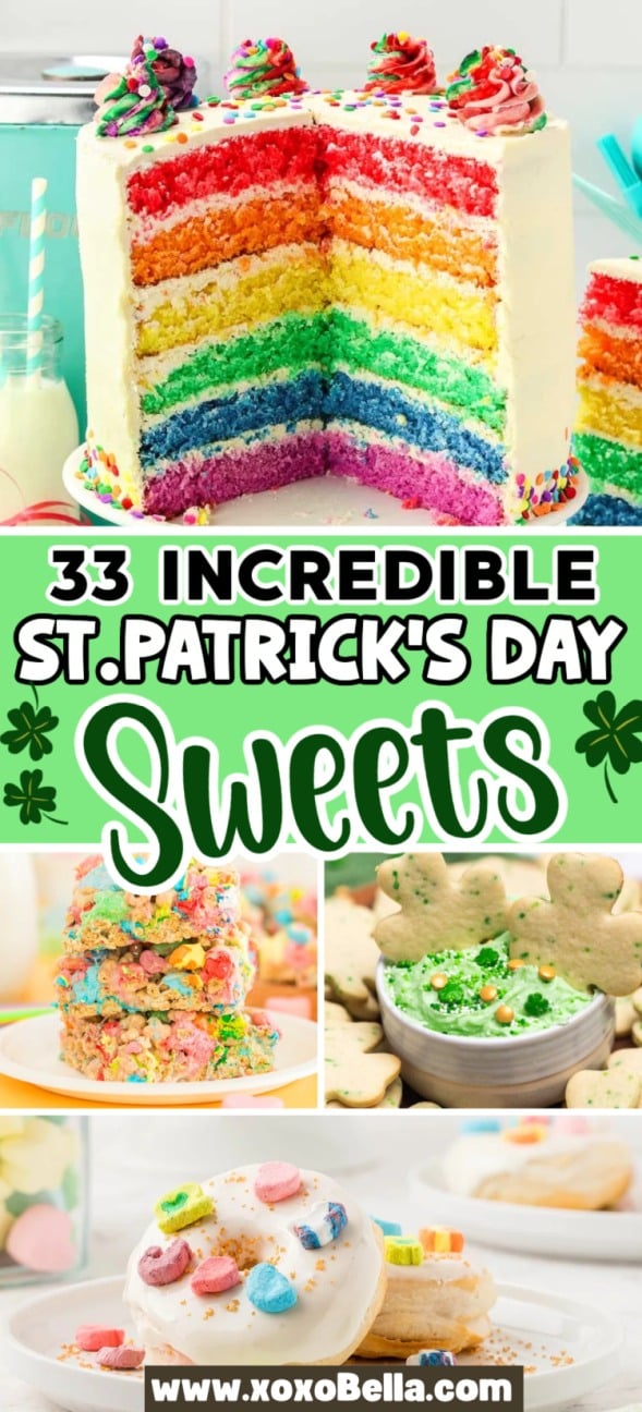 Colorful rainbow cake and festive St. Patrick’s sweets, snacks, and treats—including cookies and cereal bars—are topped with green accents for a fun holiday celebration.