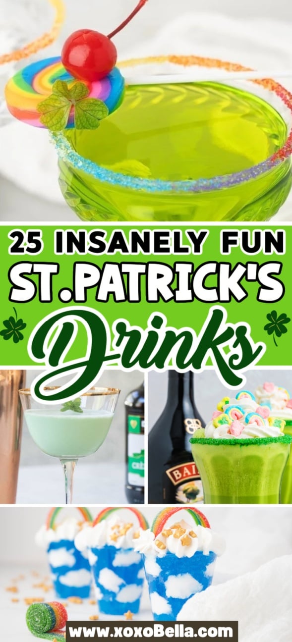 A collage of colorful St. Patrick's drinks, featuring green cocktails and festive garnishes, perfect for celebrating the holiday in style.