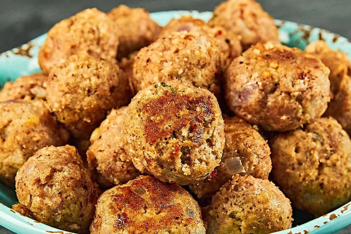 An Easter appetizer: a plate of seasoned meatballs.
