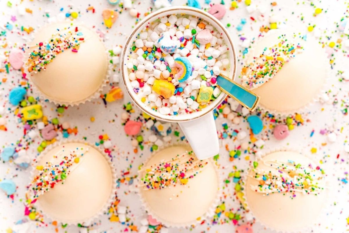 Cupcakes with Lucky Charms and a cup of coffee.