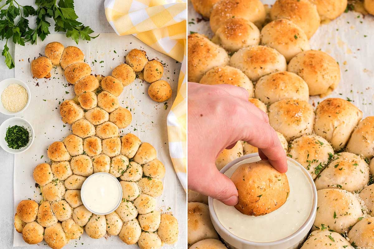 Preparing and serving fresh garlic herb pull-apart bread as an Easter appetizer.