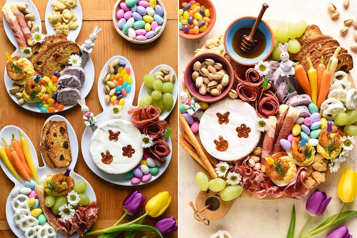 A colorful spread of Easter appetizer dishes and snacks with decorated eggs and tulips.