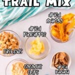 Assorted tropical trail mix ingredients displayed, including dried pineapple, mango, banana, cashews, coconut chips, and yogurt clusters.