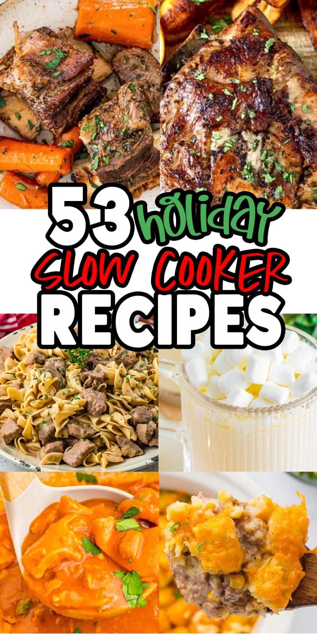 Collage of holiday slow cooker recipes, featuring savory meats, noodles, sweet potato casserole, and creamy eggnog topped with marshmallows.