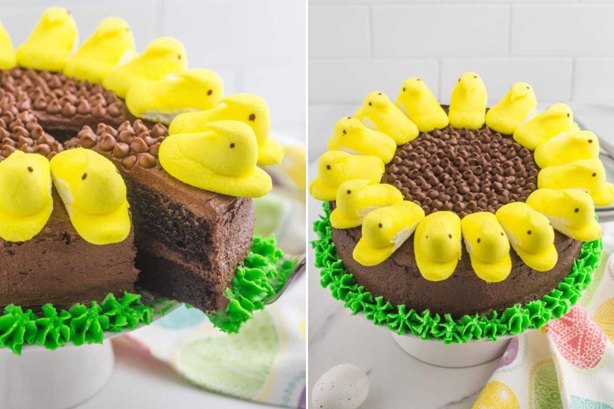 An Easter chocolate cake decorated to resemble a sunflower with yellow peeps candies as petals and chocolate sprinkles as seeds.