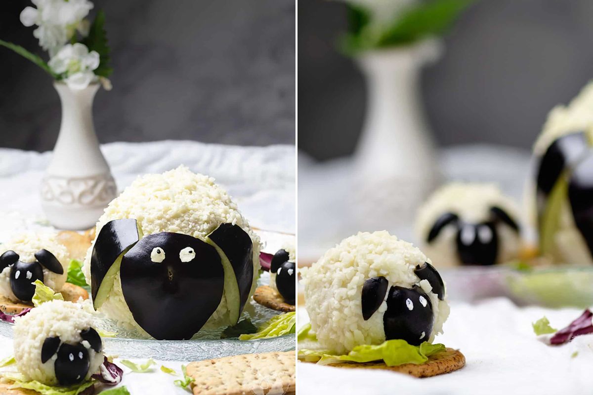 A creative food presentation featuring rice shaped into pandas surrounded by light snacks and garnish.