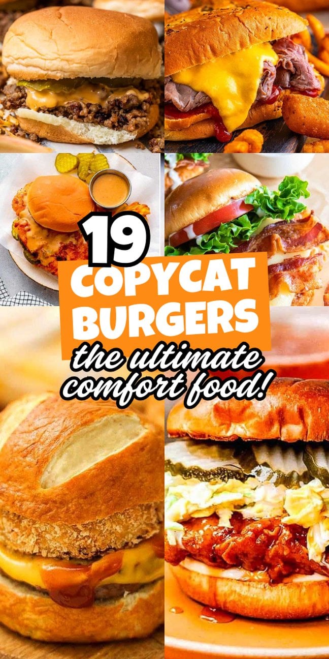 A collage of mouthwatering copycat burgers with melted cheese, pickles, and classic toppings