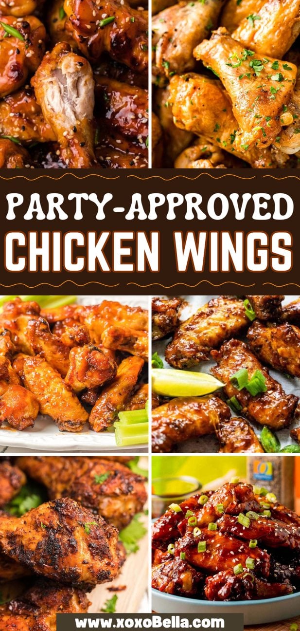 Collage of various chicken wing recipes, glazed and garnished.