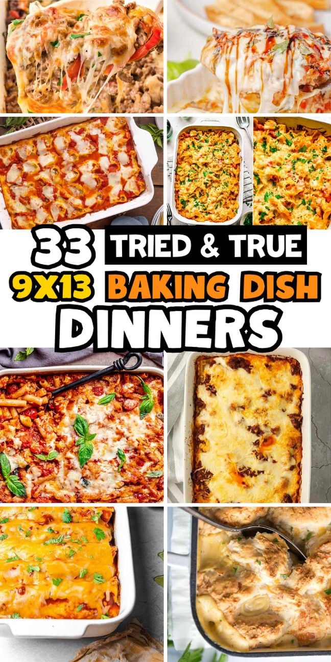 Collage of various baked casseroles and lasagnas—perfect meals to make the most of your favorite 9x13 baking dish.