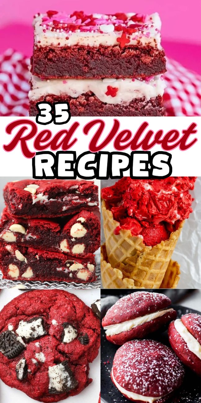 Collage of red velvet desserts, including cake, cookies, ice cream, and whoopie pies, highlighting irresistible red velvet recipes.