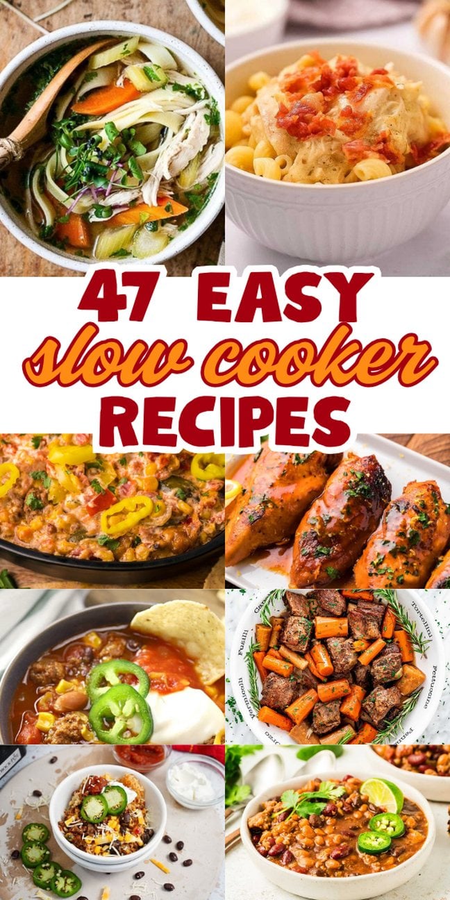 Collage of eight different slow cooker meals—perfect for anyone searching for delicious slow cooker recipes.