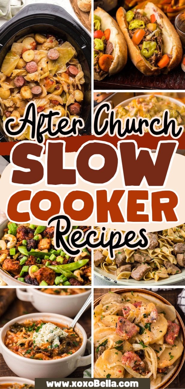 Collage of hearty slow cooker dishes in bowls and a pot—perfect for easy after-church crockpot recipes all the family will love.