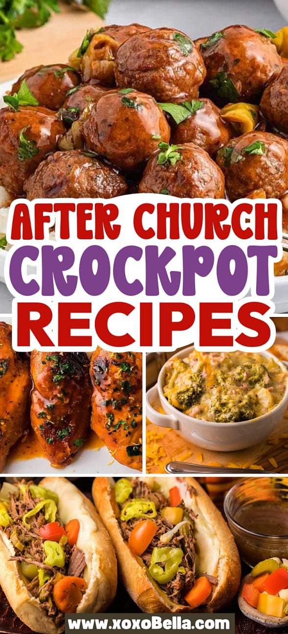 Collage of after-church crockpot recipes featuring glazed potatoes, chicken, dip, shredded beef sandwiches, and vegetables.