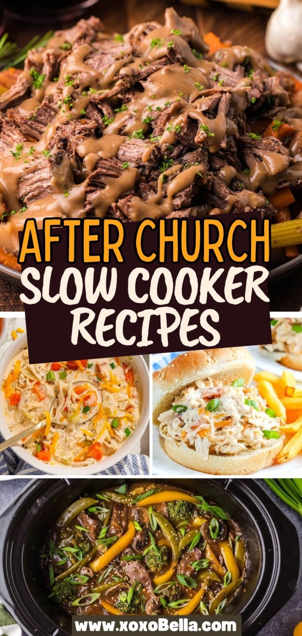 Collage of hearty slow cooker dishes in bowls and a pot—ideal for easy after-church crockpot recipes the whole family will love.