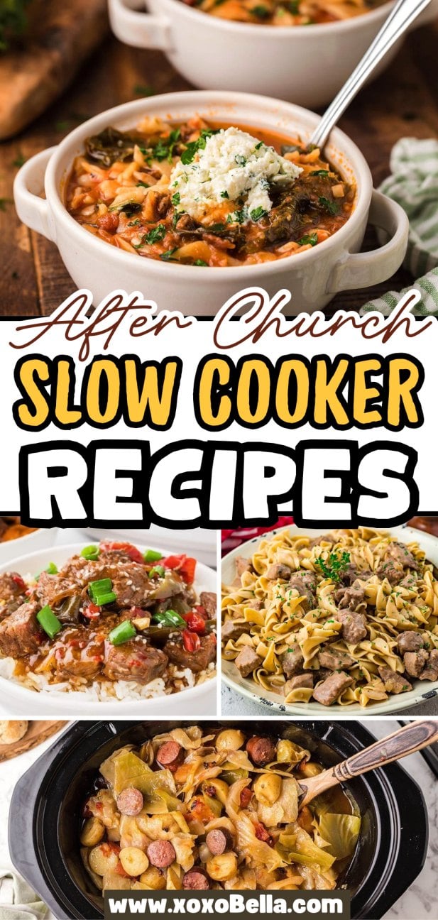 Collage of hearty slow cooker dishes in bowls and a pot—perfect for easy after-church crockpot recipes the whole family will love.