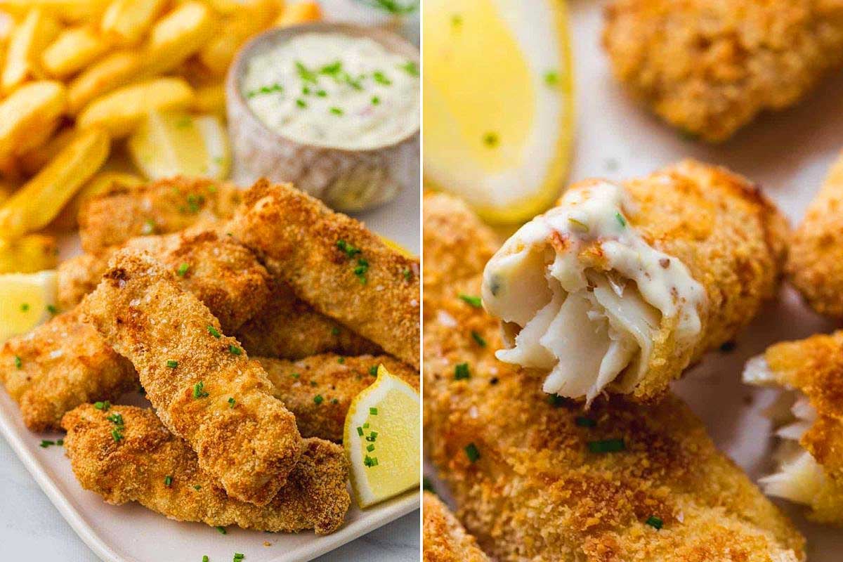 Two images showcasing seafood recipes: breaded fish fillets, one served with fries and tartar sauce, the other shown with a close-up revealing flaky white interior.