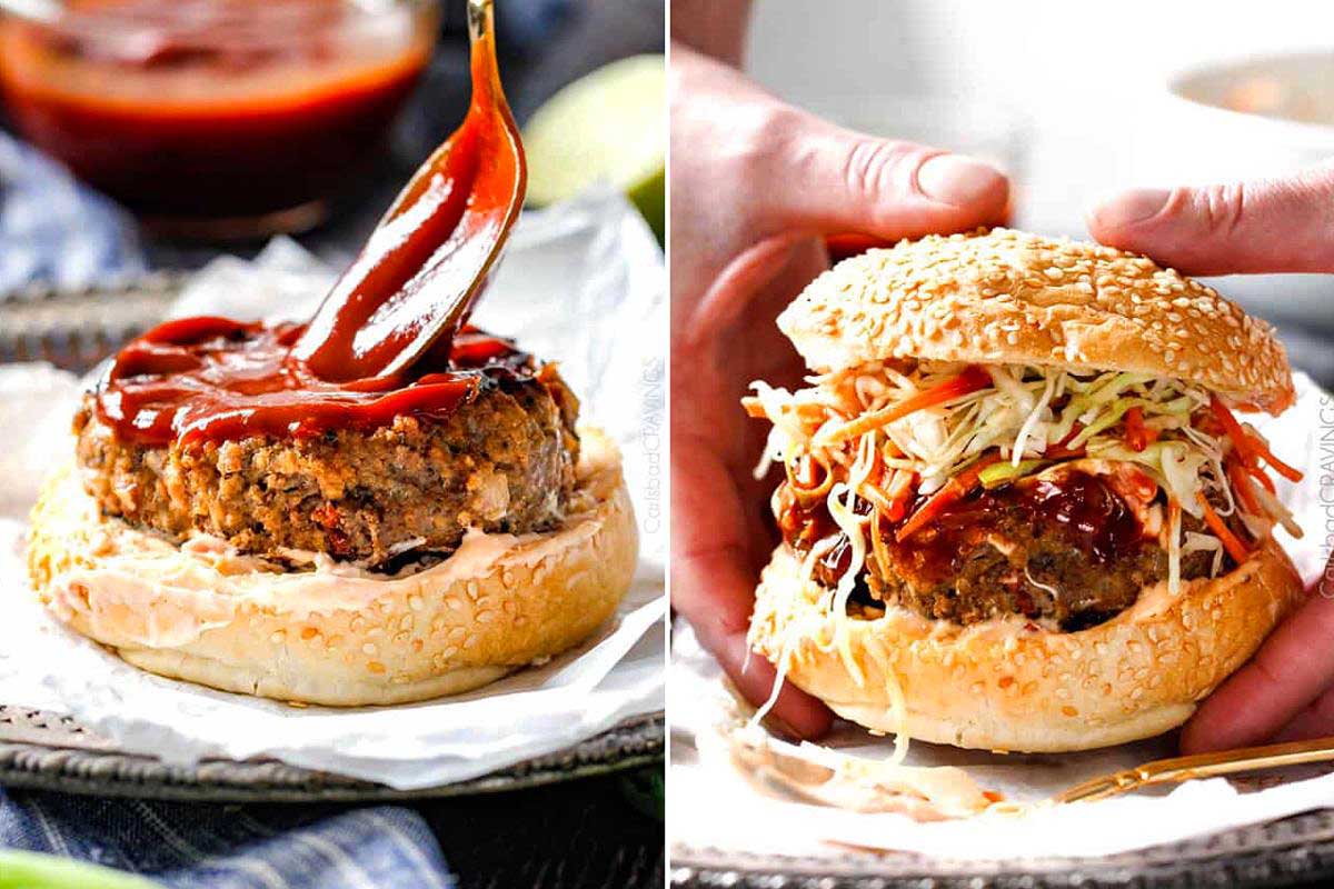 Two images of a vegetarian burger; on the left, ketchup recipes are being poured on the patty, and on the right, the burger is topped with coleslaw on a sesame seed bun