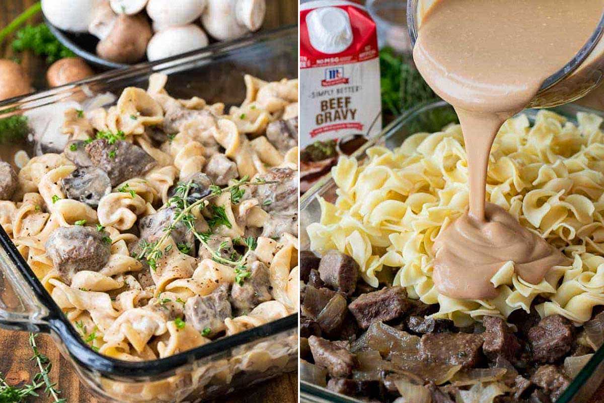 Two images split side-by-side showing beef stroganoff; the left image features the dish in a 9x13 baking dish, and the right shows gravy being poured over noodles in a bowl
