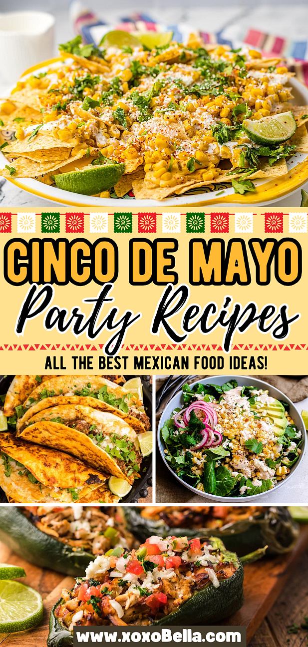 Colorful assortment of Mexican dishes including tacos, elote, and salads, with text celebrating Cinco de Mayo recipes and fresh ideas for taco night.