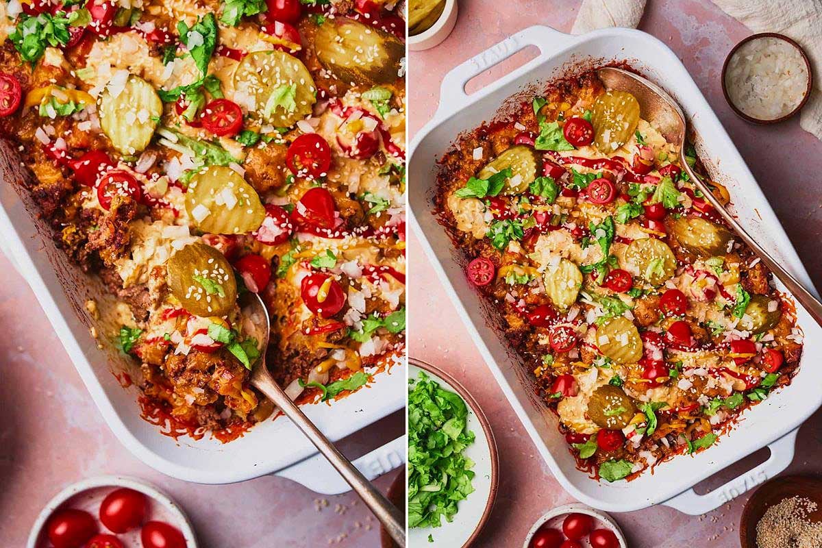 Two images of a baked dish in 9x13 baking trays, decorated with roasted potatoes, tomatoes, herbs, and crumbled cheese.