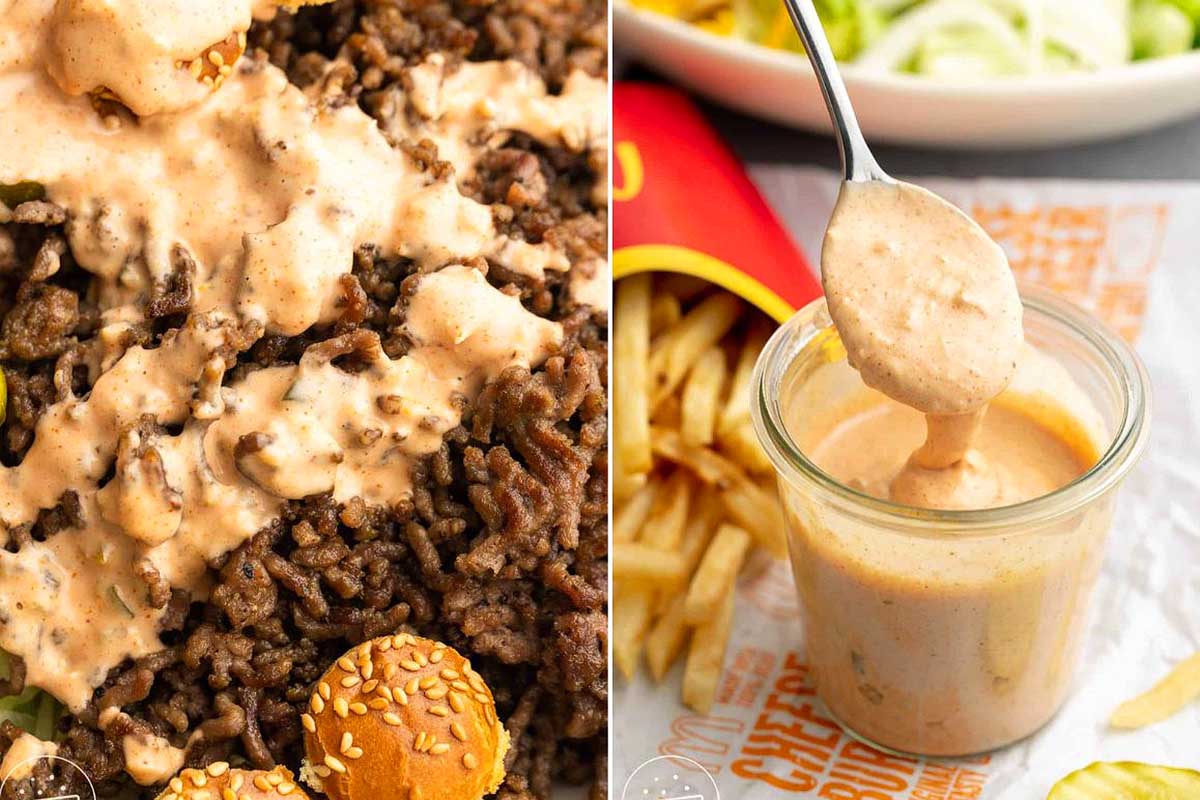 A collage of two images: on the left, a close-up of a cheeseburger with extra ground beef and McDonald's recipes sauce; on the right, a jar of creamy sauce alongside a portion of