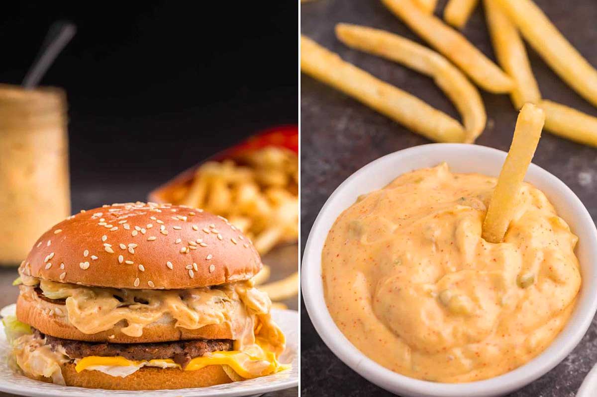 A McDonald's cheeseburger with fries and a side of sauce; one fry dipped into the sauce.