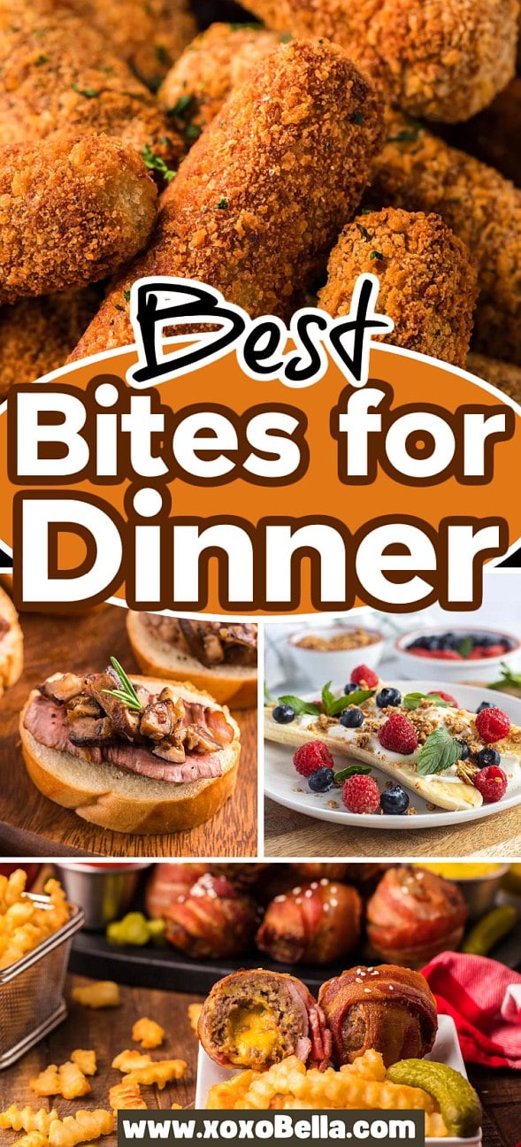 Collage of various bites for dinner, including fried snacks, steak bites, fruit-topped pancakes, and bacon-wrapped bites.