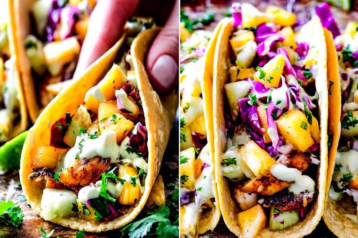 Two images of seafood tacos with cabbage slaw and mango salsa in corn tortillas, a hand holding one taco on the left.