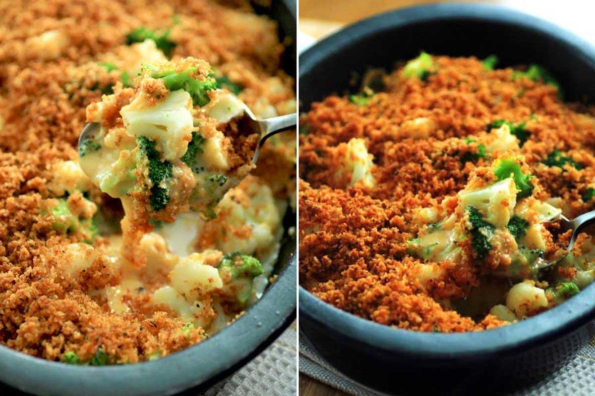 Two images of broccoli and cauliflower casserole with a crispy breadcrumb topping, one showing a spoon serving the dish and the other displaying the casserole in a black skillet, featuring Velveeta cheese