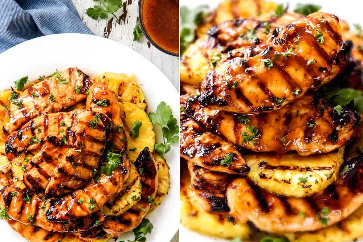 Grilled chicken breasts stacked on grilled pineapple slices, garnished with fresh herbs on a white plate—perfect to prepare ahead in a 9x13 baking dish for easy serving.