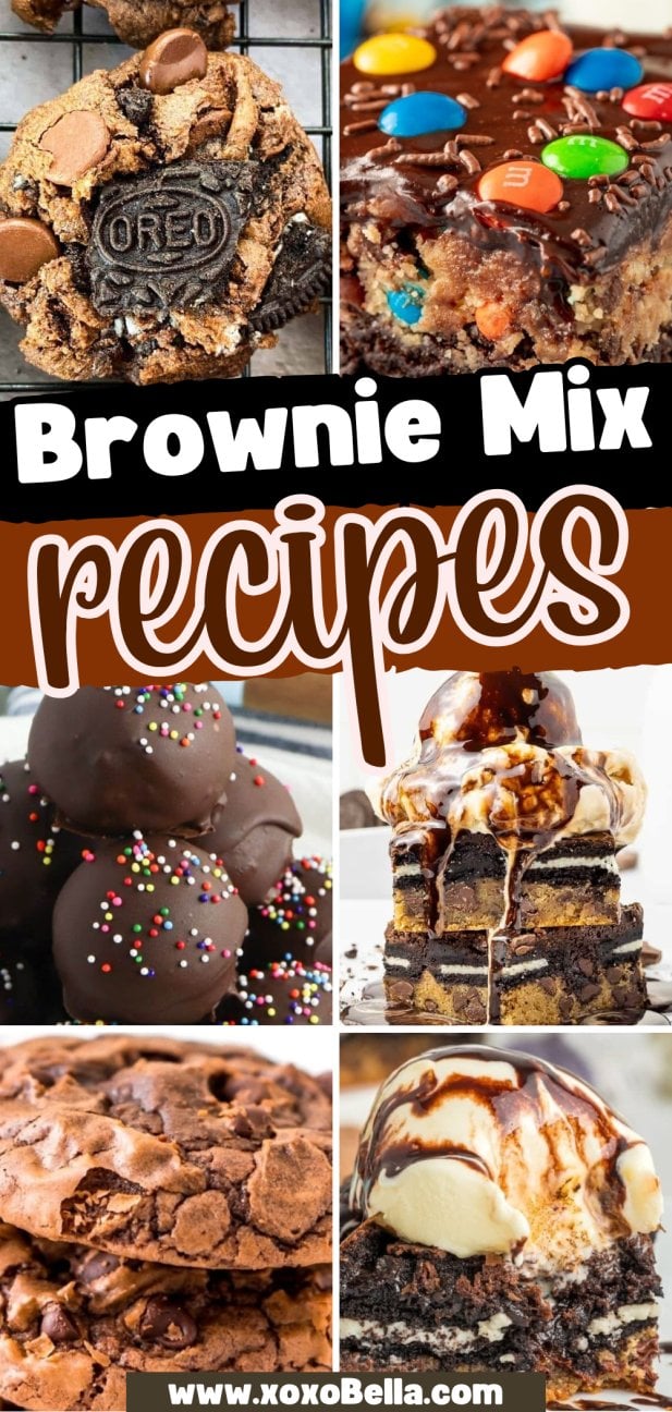 A collage of brownie mix recipes, featuring tempting desserts like cookies, bars, truffles, and ice cream sundaes.