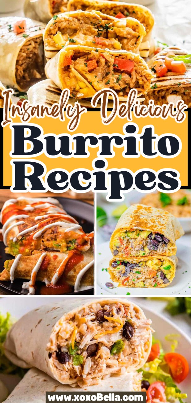 Collage of assorted burritos with rice, beans, and vegetables, inspired by creative burrito recipes and topped with sauces and garnishes.
