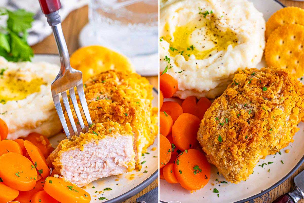 Two plates featuring meals with pork chop recipes, mashed potatoes with gravy, carrots, and sliced orange fruit. One image shows a fork piercing a chop.