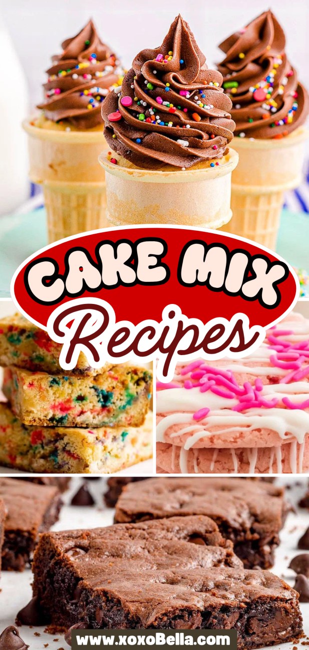 Collage of baked treats made easy: chocolate cupcakes in cones, sprinkle bars, pink-iced cookies, and brownies—all crafted from a box of cake mix.