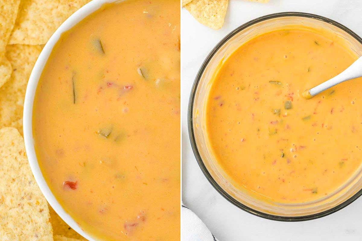 Two images of cheese dip: the left shows a bowl with chunky Velveeta cheese dip and tortilla chips, and the right shows a smooth cheese dip in a glass bowl with a spoon.