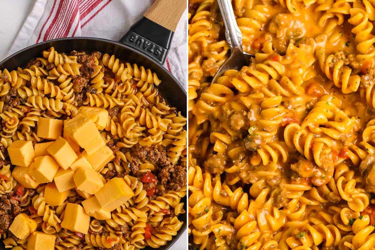 Two images showing the preparation stages of a pasta dish: the first with raw ingredients like minced meat and Velveeta cheese cubes added to pasta, and the second showing the cooked, creamy final dish.