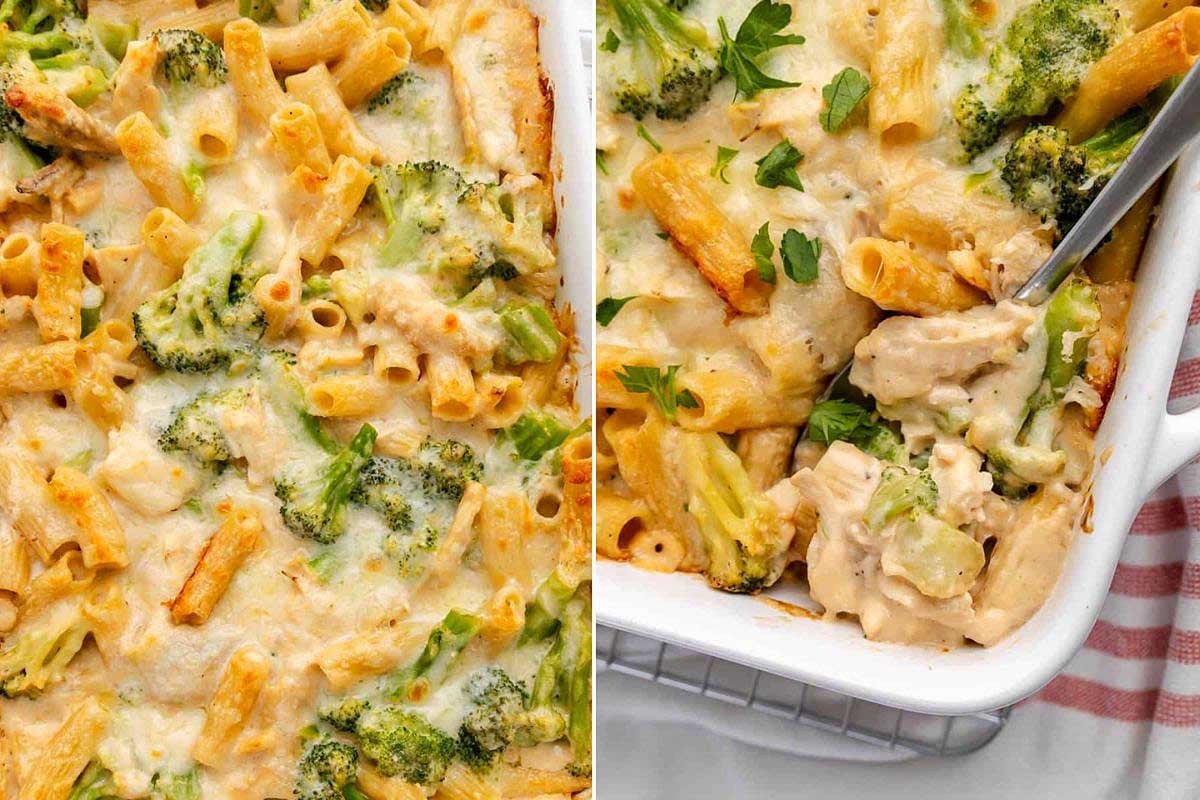 A baked broccoli and cheese pasta dish in a 9x13 baking dish, garnished with parsley, served on a red and white checkered tablecloth.